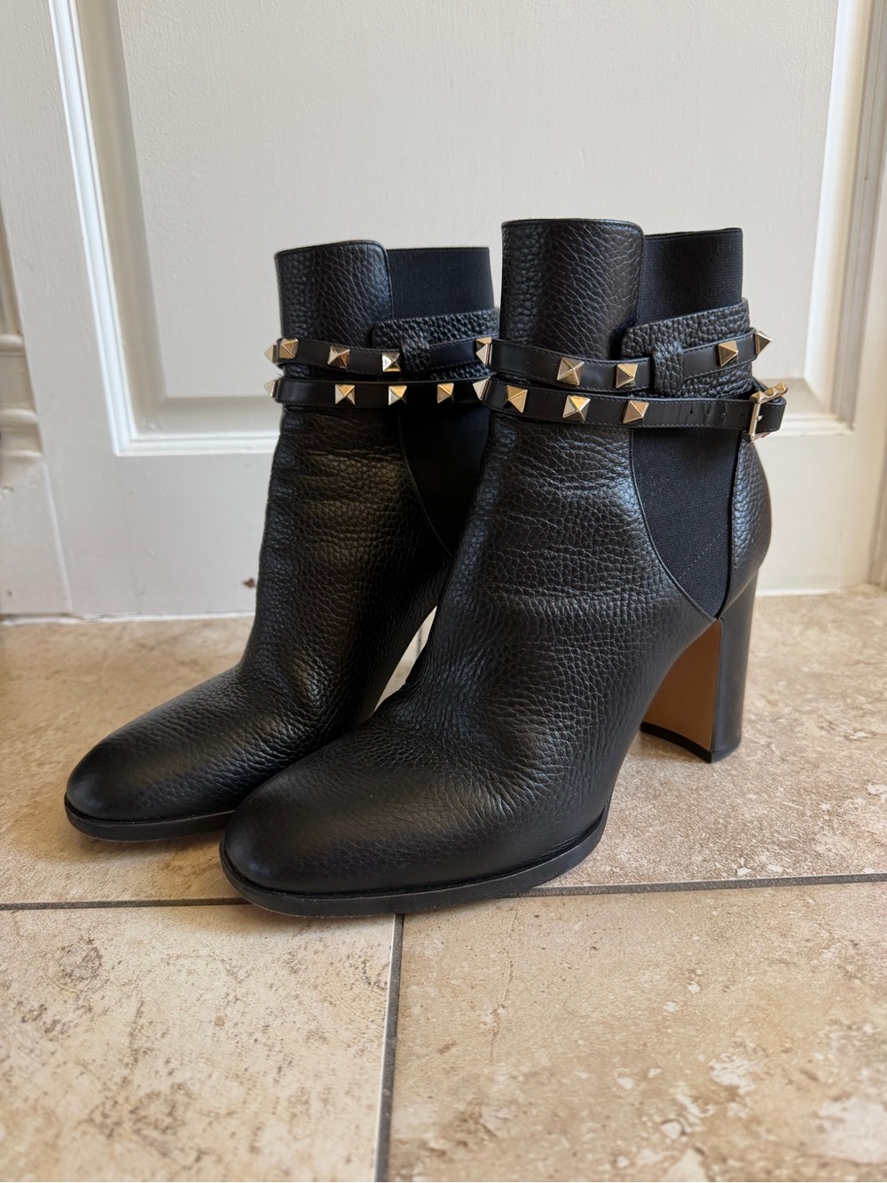 Valentino Garavani Black Leather Studded Ankle Boots